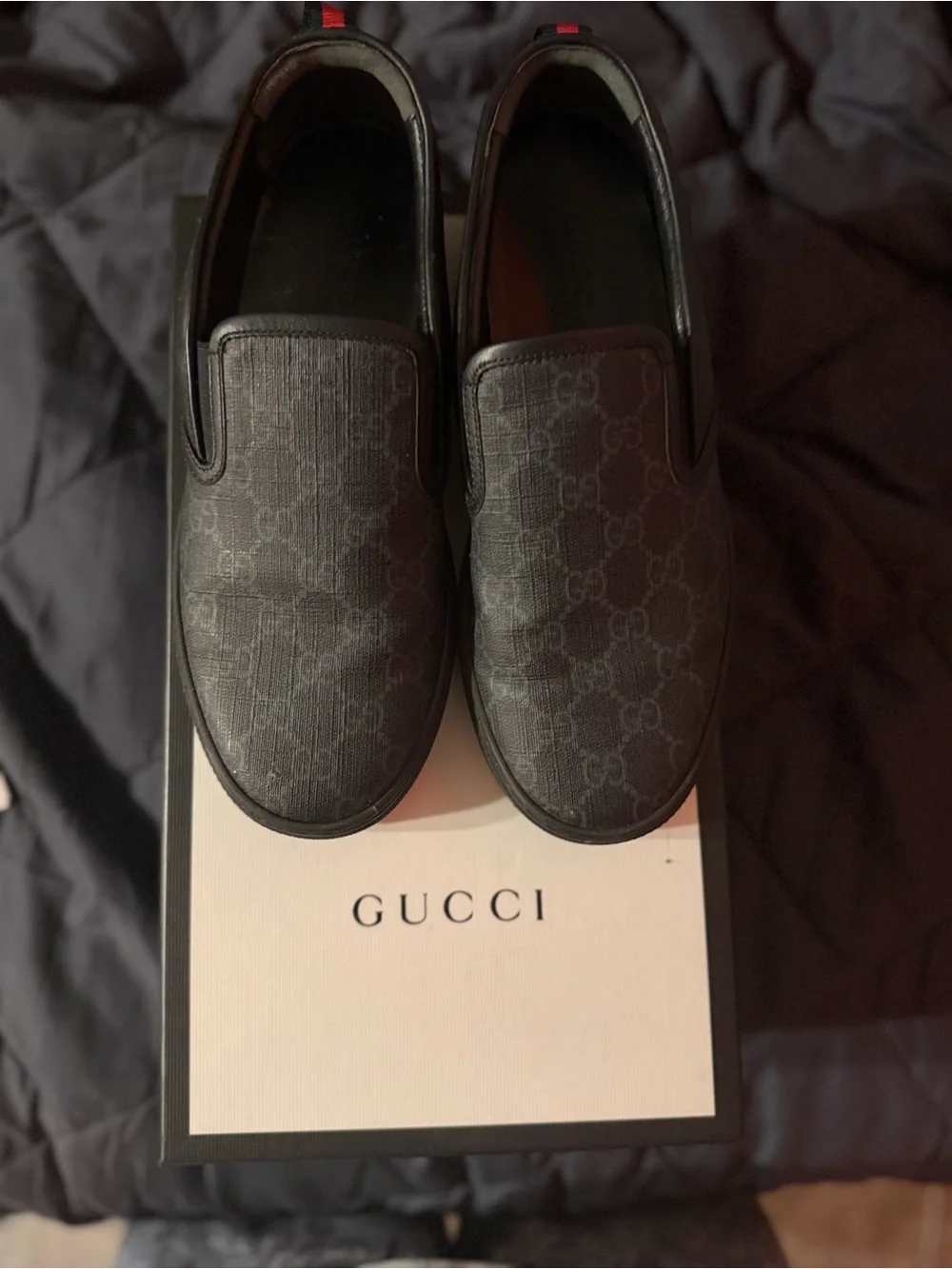Gucci Men’s Black GG Monogram Slip-On Loafers